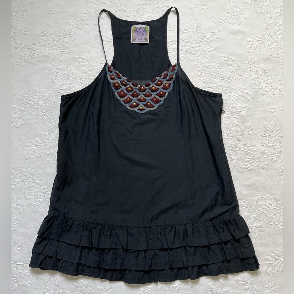 Free People Beaded Black Camisole Tank Top Cotton Silk Blend 12